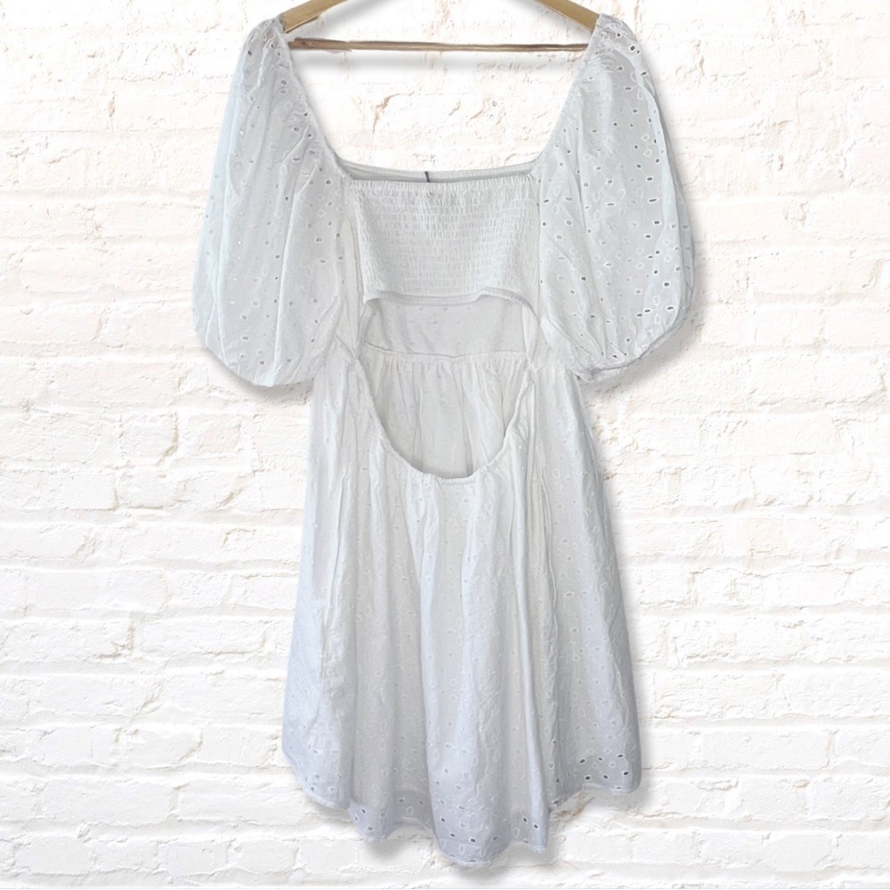 A New Day Eyelet Puff Sleeve Babydoll Mini Dress Size M White NWT - Picture 5 of 13